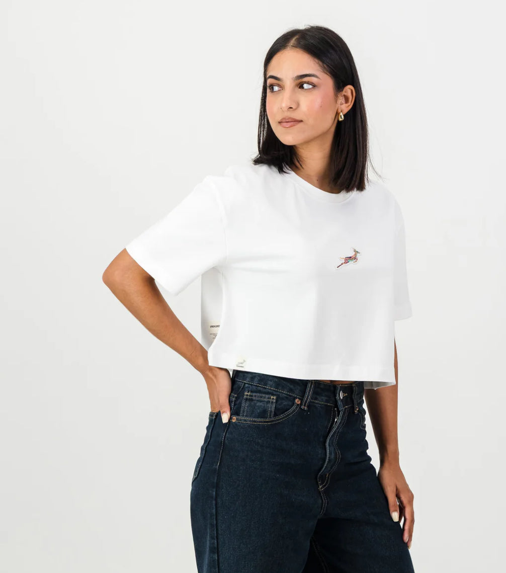 Springboks Pop Badge Ladies Boxy Crew Tee-White