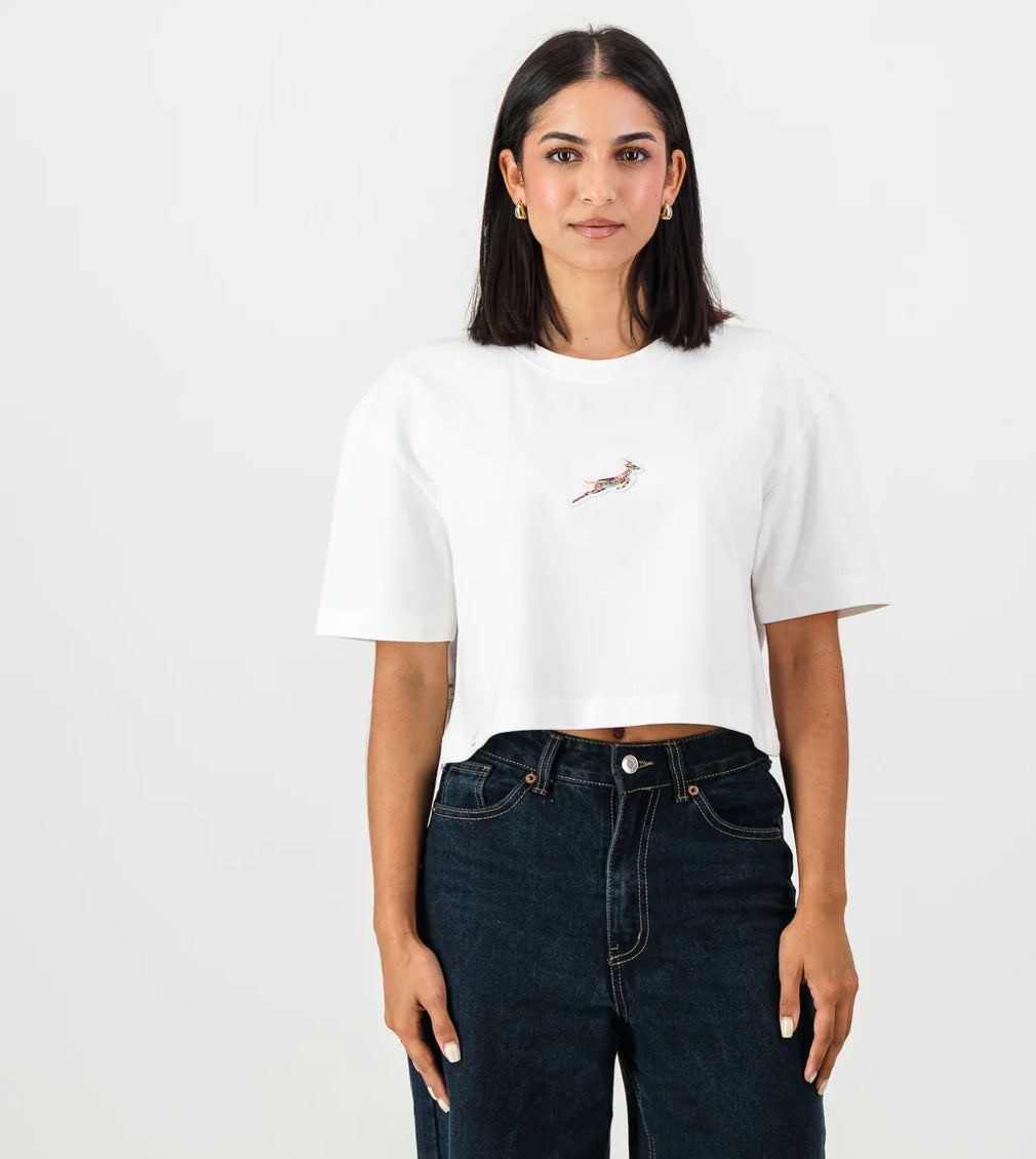 Springboks Pop Badge Ladies Boxy Crew Tee-White
