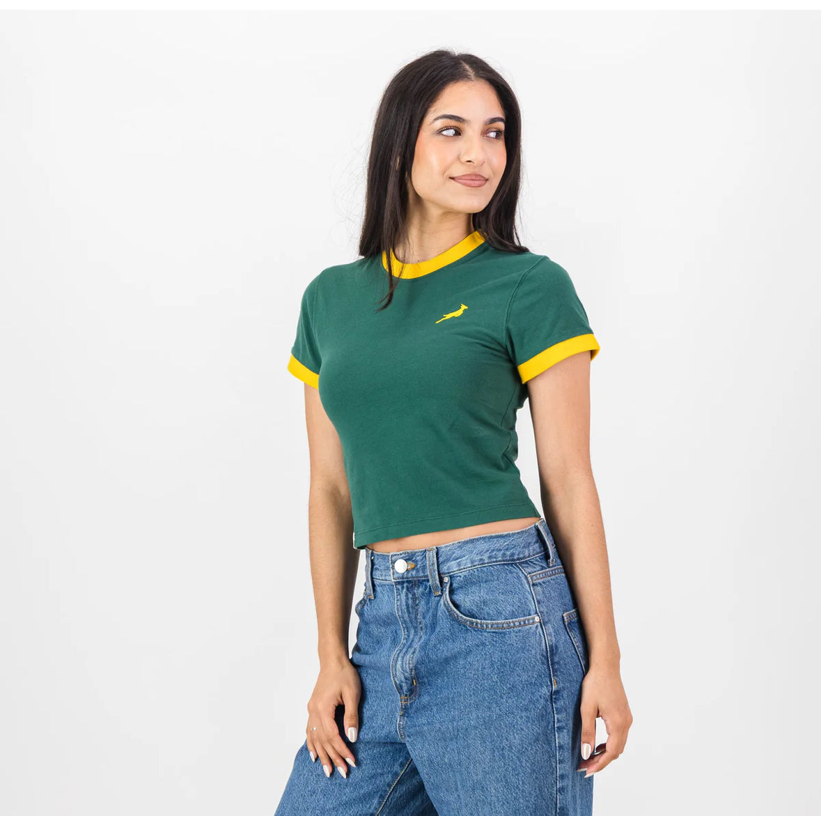 Springboks Ringer Crop Crew Tee - OS Green