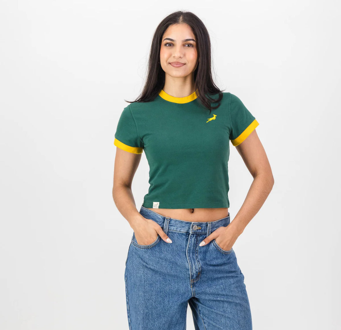 Springboks Ringer Crop Crew Tee - OS Green